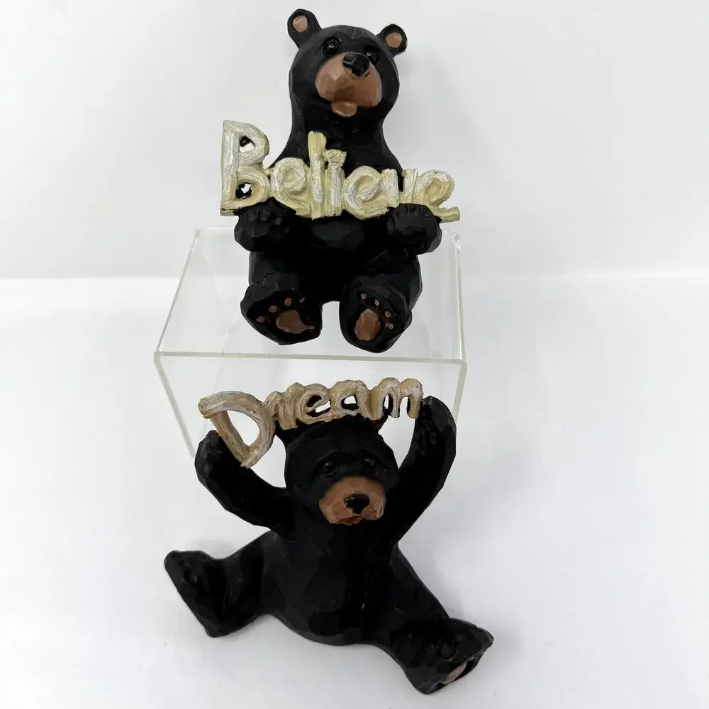 Slifka Black Bear Dream Believe Figurines Set Carved Wood Look Cottage Decor